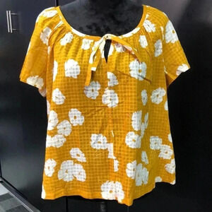 GAP Flutter Short sleeve,scoop neck tie, mustard floral cotton top